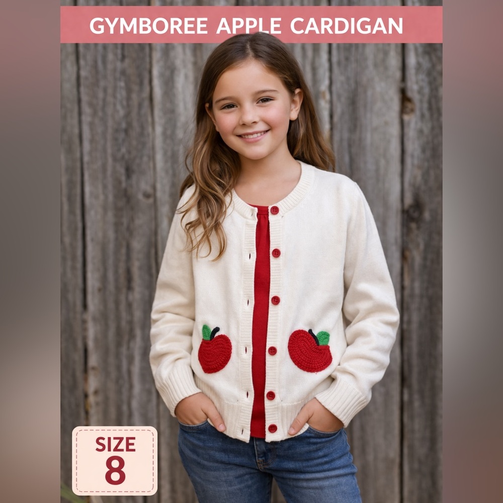 Gymboree Apple Cardigan Sweater Girls Size 8 Cream Knit Cute Fall